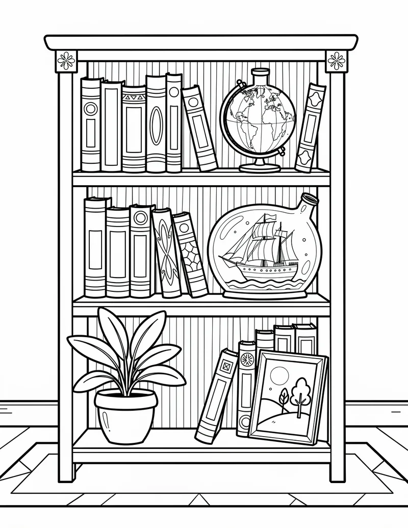 Coloring page — Bookshelf of Treasures