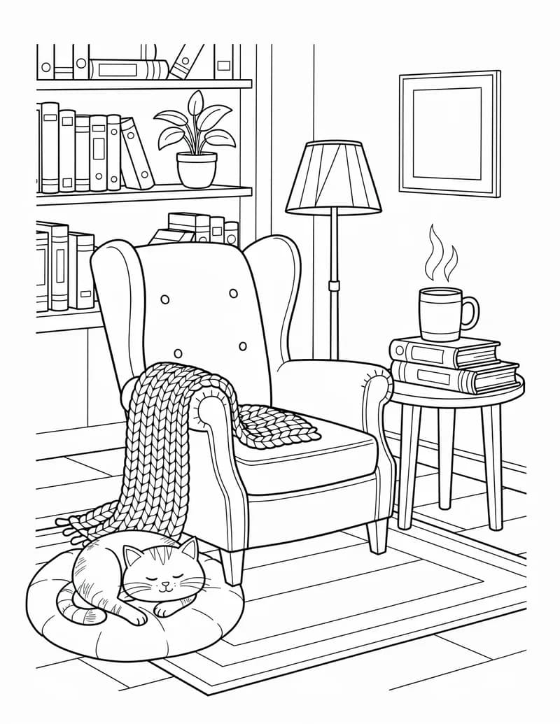Coloring page — Cozy Reading Nook
