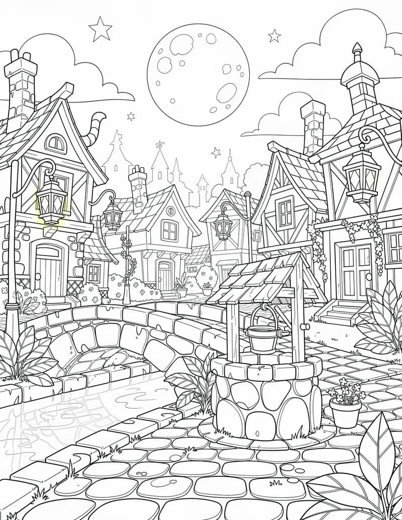 Coloring page — Moonlit Fantasy Village