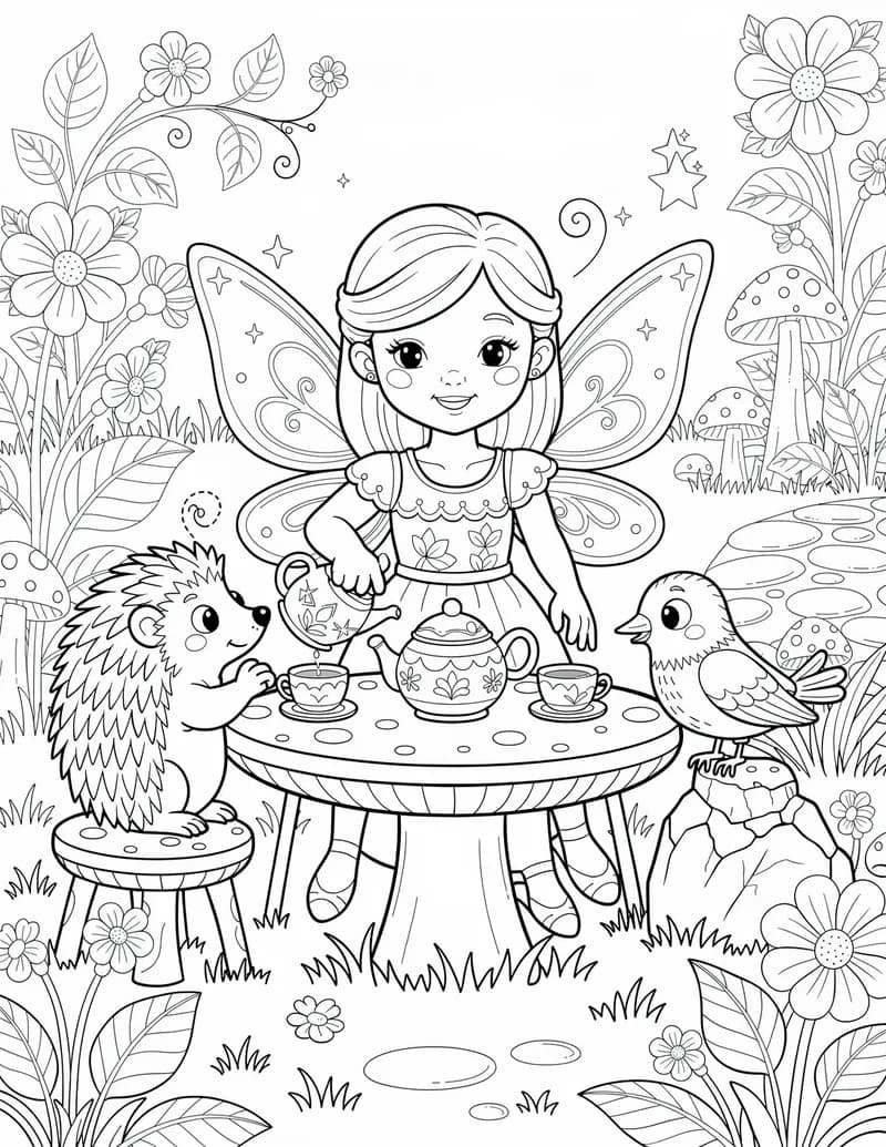 Coloring page — Fairy Garden Tea Party