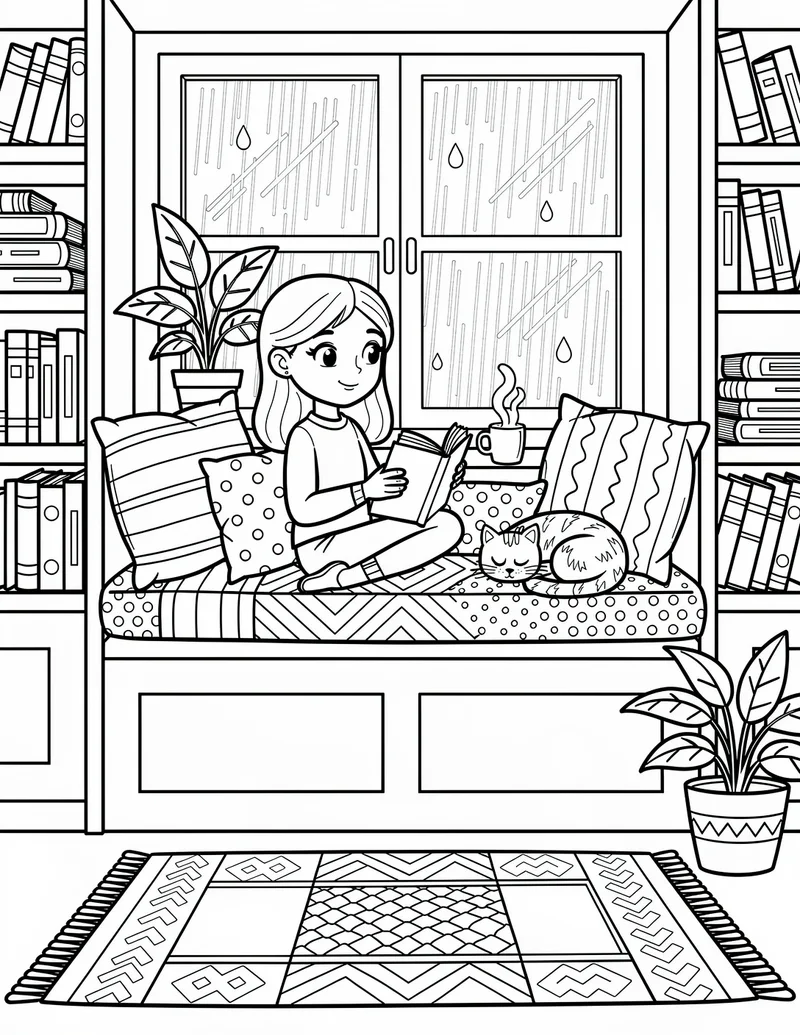 Coloring page — Reading Nook Afternoon