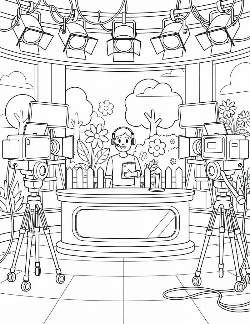 Coloring page — TV Studio Behind the Scenes